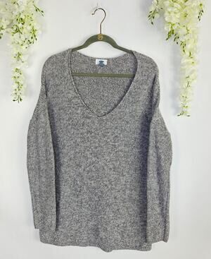 Old Navy Sweater XL Gray Marled V-Neck Knit Tunic Relaxed Minimalist Cozy Casual